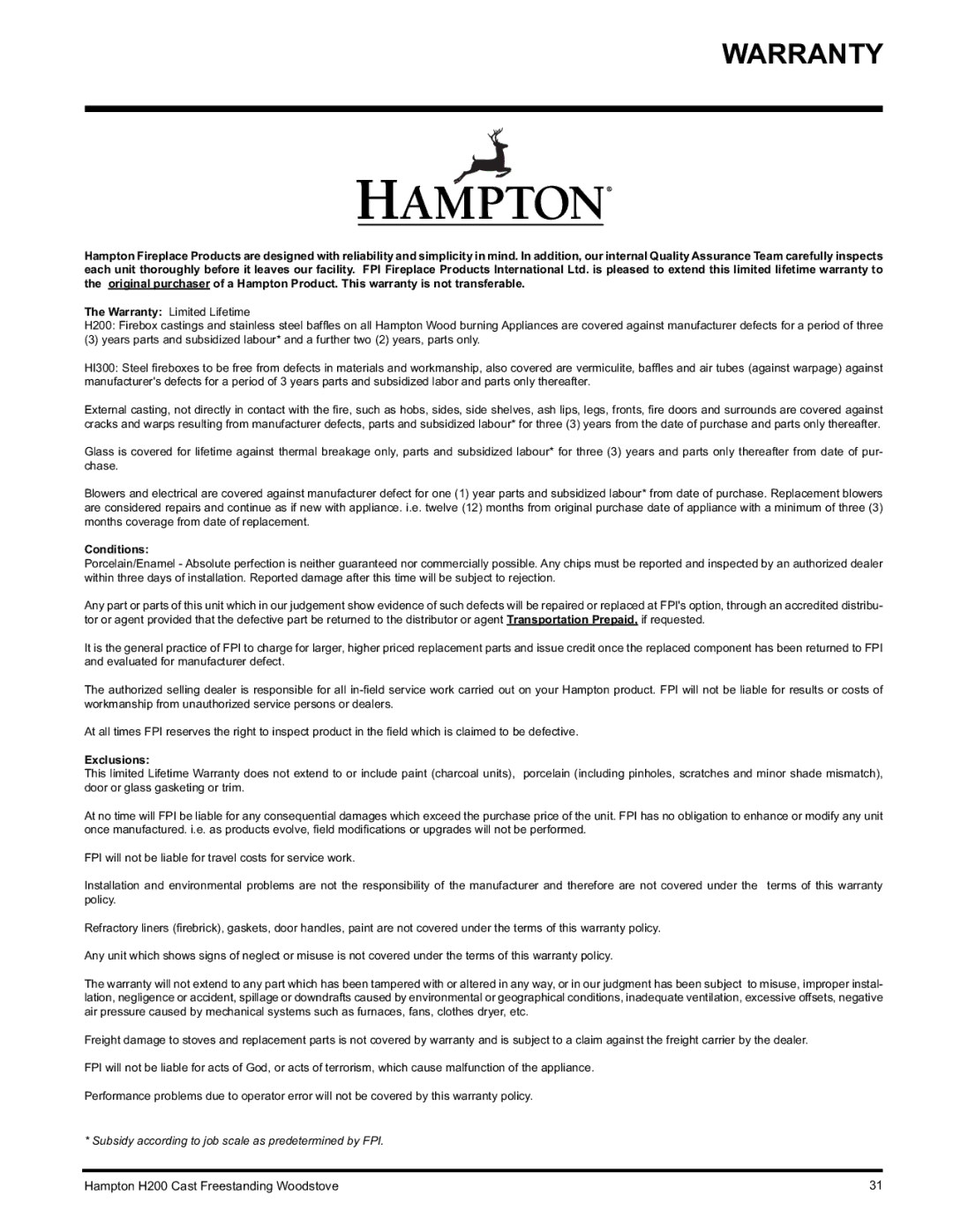 Hampton Direct H200 installation manual Warranty, Conditions 