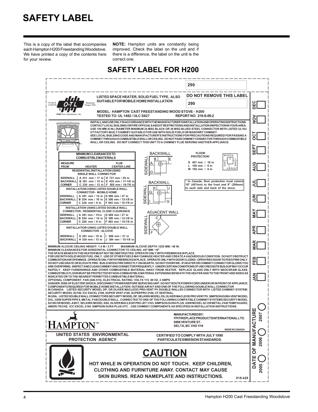 Hampton Direct installation manual Safety Label for H200 