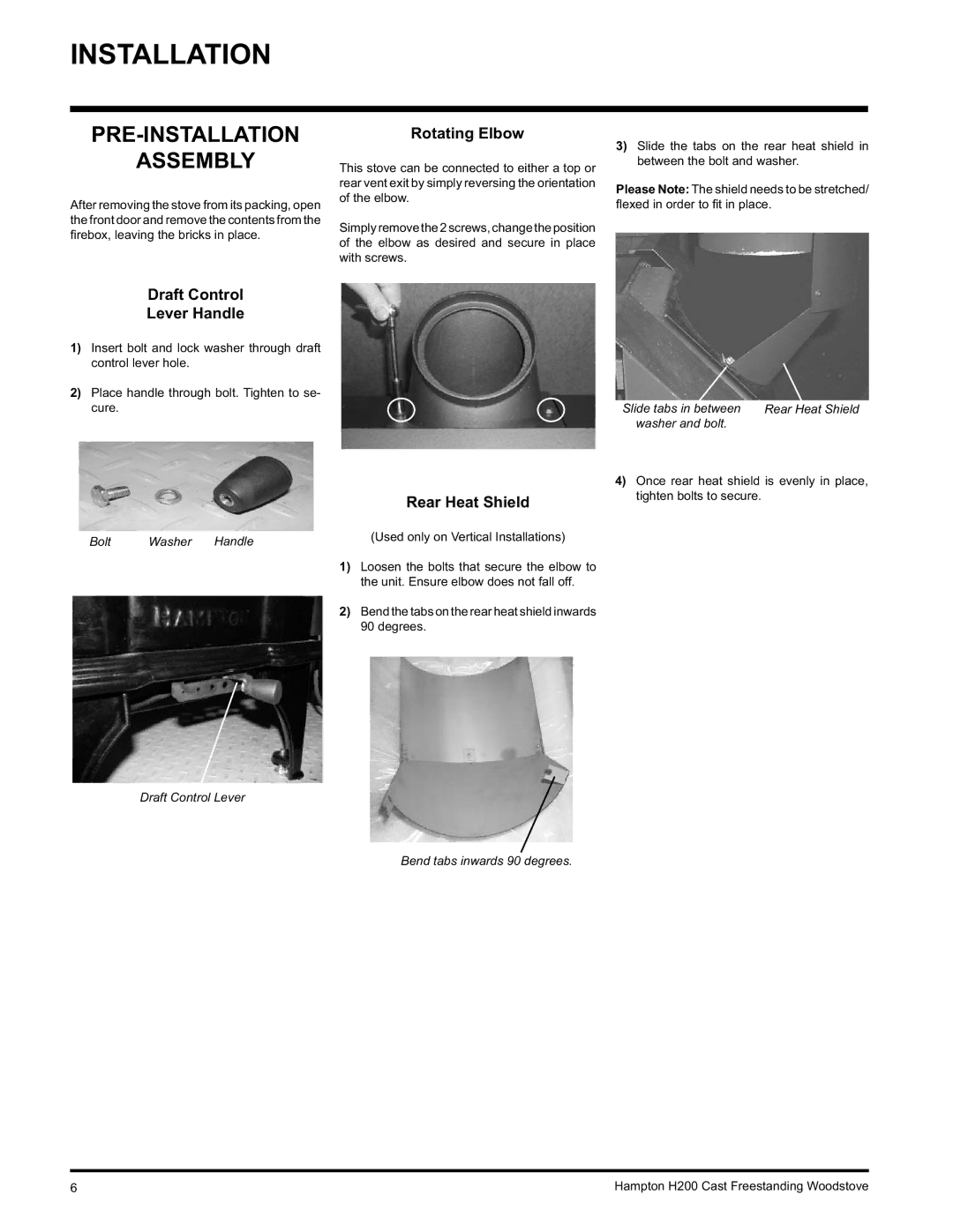 Hampton Direct H200 PRE-INSTALLATION Assembly, Draft Control Lever Handle, Rotating Elbow, Rear Heat Shield 