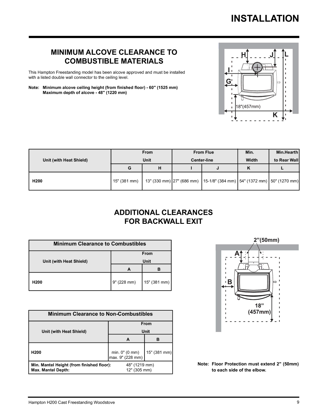 Hampton Direct H200 Minimum Alcove Clearance to Combustible Materials, Additional Clearances For Backwall Exit 