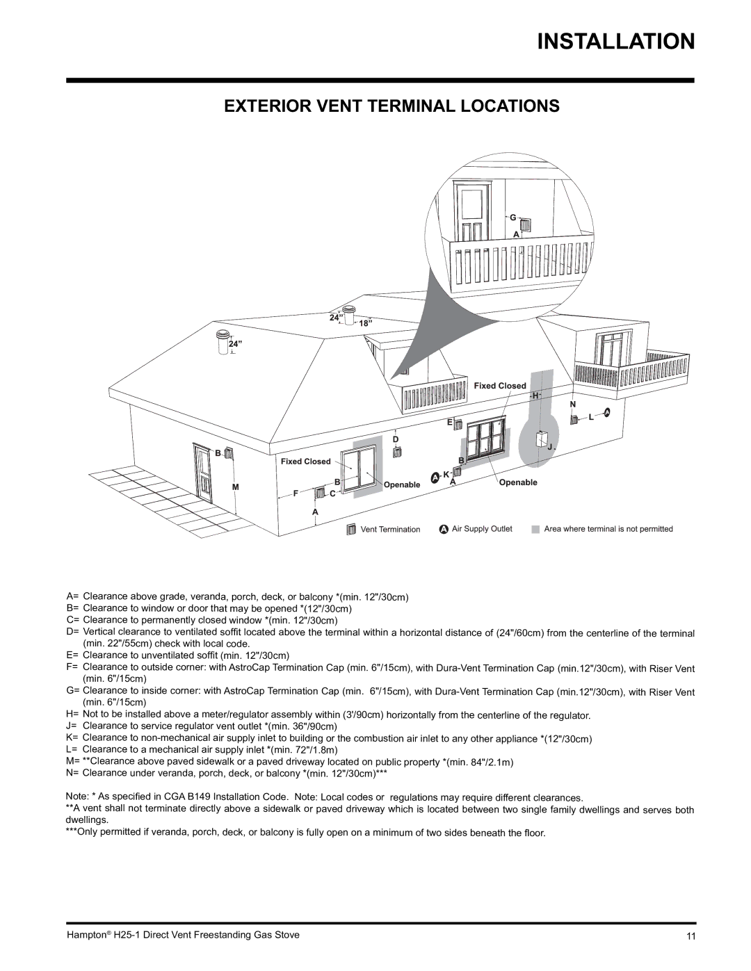 Hampton Direct H25-LP1 Propane, H25-NG1, H25-LP1 installation manual Exterior Vent Terminal Locations 