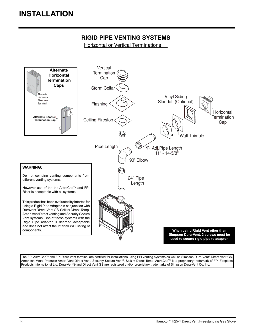 Hampton Direct H25-NG1, H25-LP1, H25-LP1 Propane installation manual Rigid Pipe Venting Systems, Alternate, Horizontal, Caps 