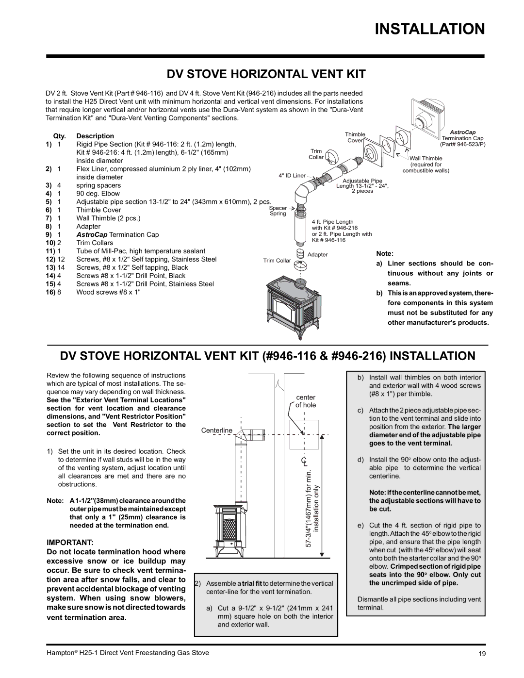 Hampton Direct H25-LP1 Propane, H25-NG1, H25-LP1 installation manual DV Stove Horizontal Vent KIT, Qty. Description 