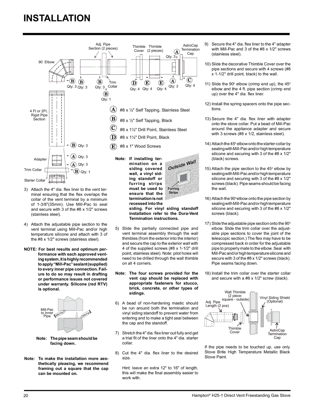 Hampton Direct H25-NG1, H25-LP1, H25-LP1 Propane installation manual Mination on a siding covered 