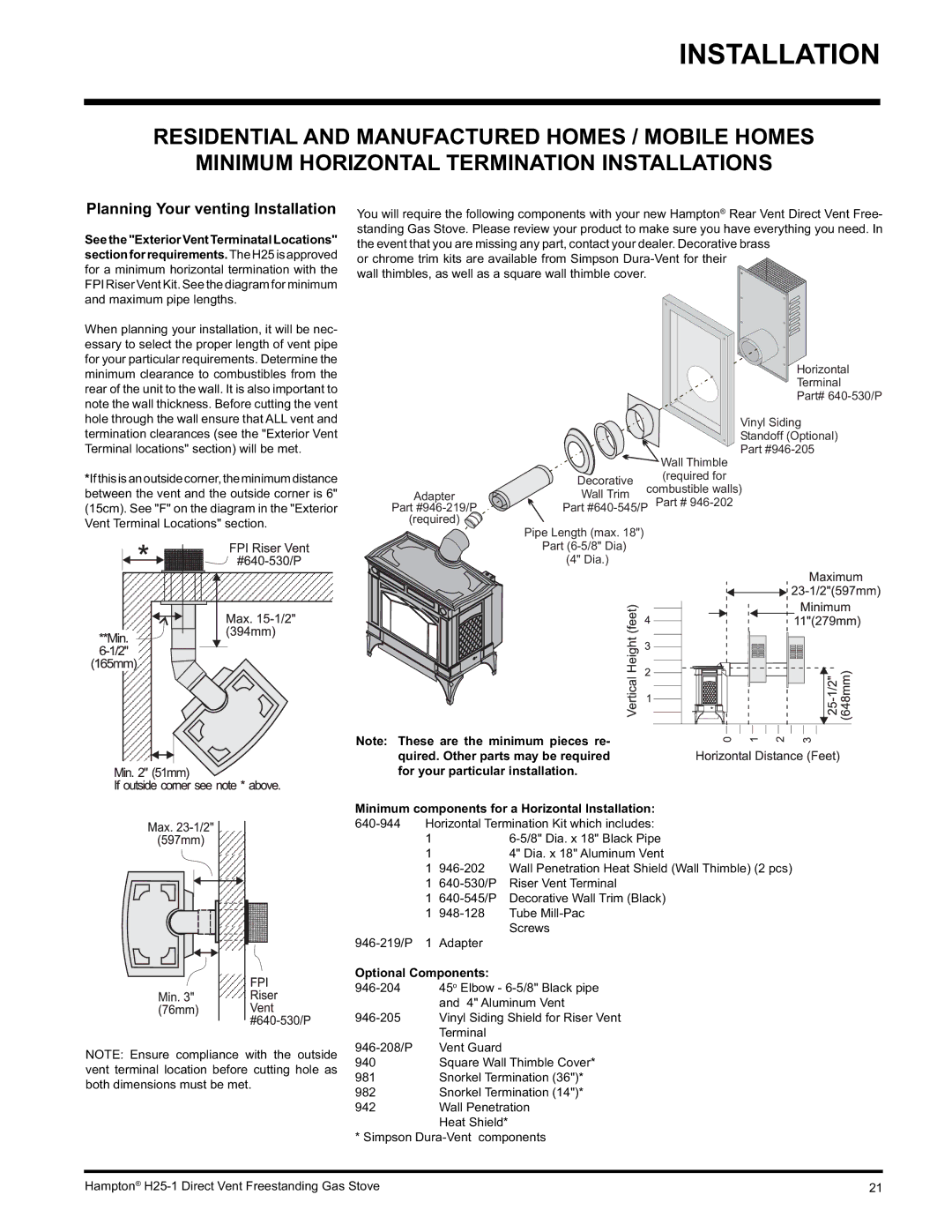 Hampton Direct H25-LP1 Propane Planning Your venting Installation, Minimum components for a Horizontal Installation 