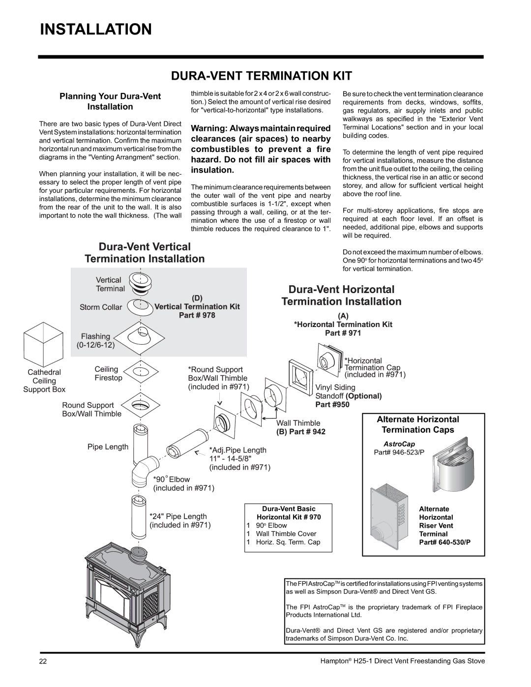 Hampton Direct H25-NG1, H25-LP1, H25-LP1 Propane DURA-VENT Termination KIT, Planning Your Dura-Vent Installation 