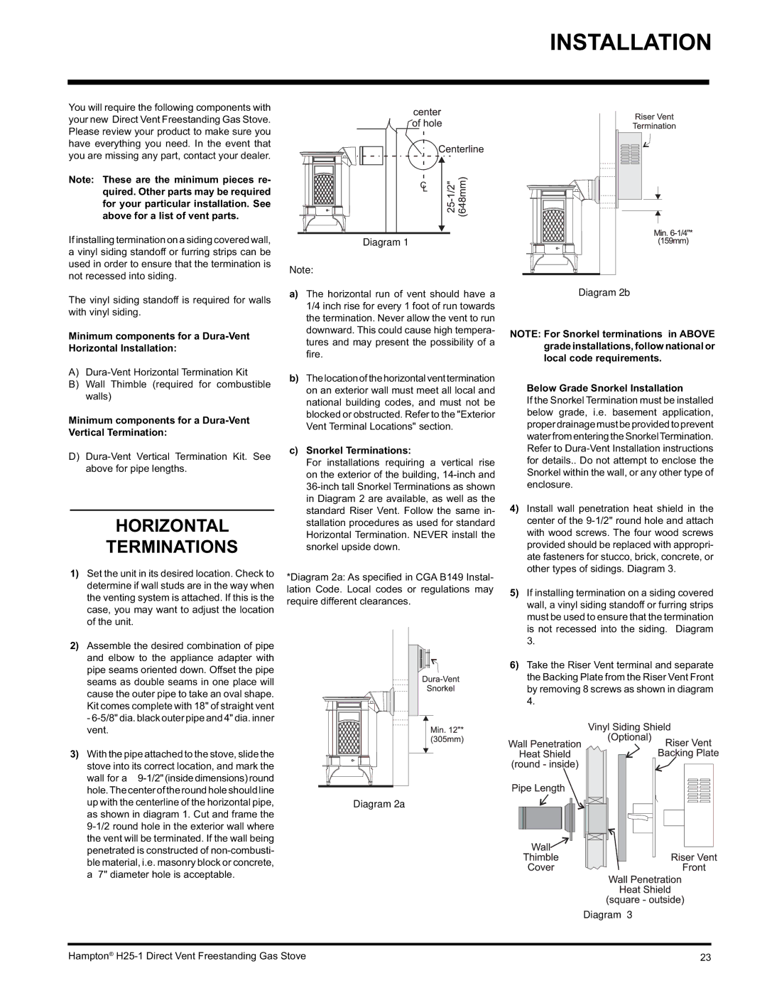 Hampton Direct H25-LP1 Propane Horizontal Terminations, Minimum components for a Dura-Vent Horizontal Installation 