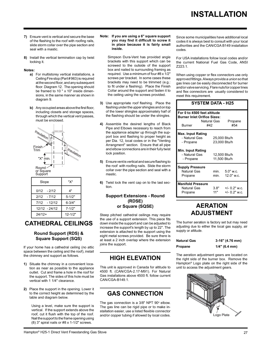 Hampton Direct H25-LP1 Propane, H25-NG1, H25-LP1 Cathedral Ceilings, High Elevation, GAS Connection, Aeration Adjustment 