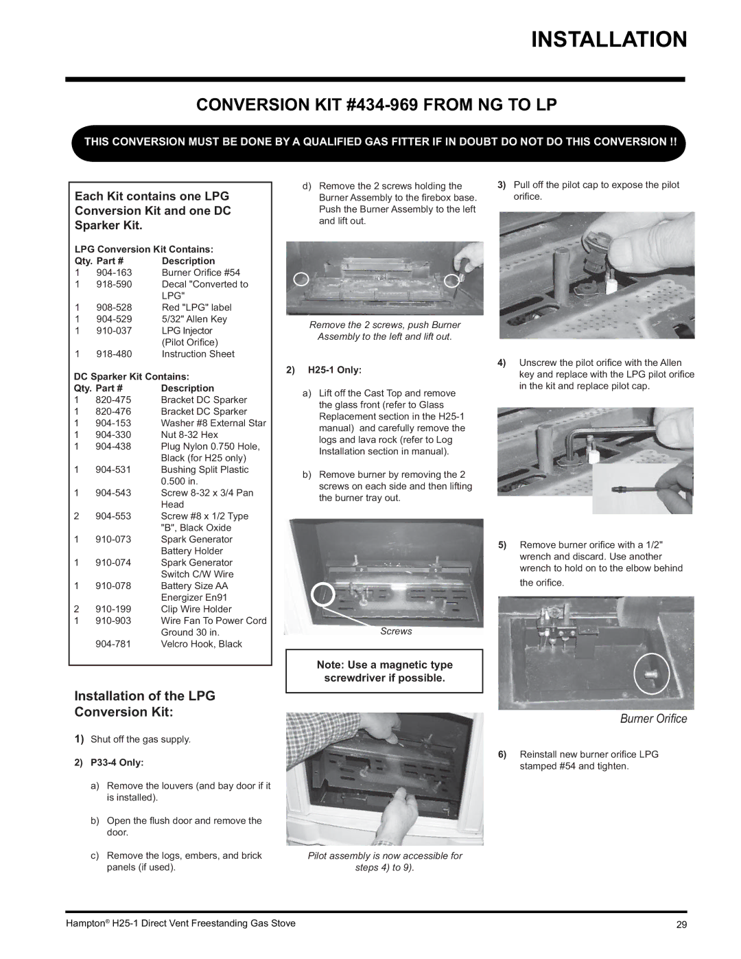 Hampton Direct H25-LP1 Propane, H25-NG1, H25-LP1 Conversion KIT #434-969 from NG to LP, LPG Conversion Kit Contains Qty 