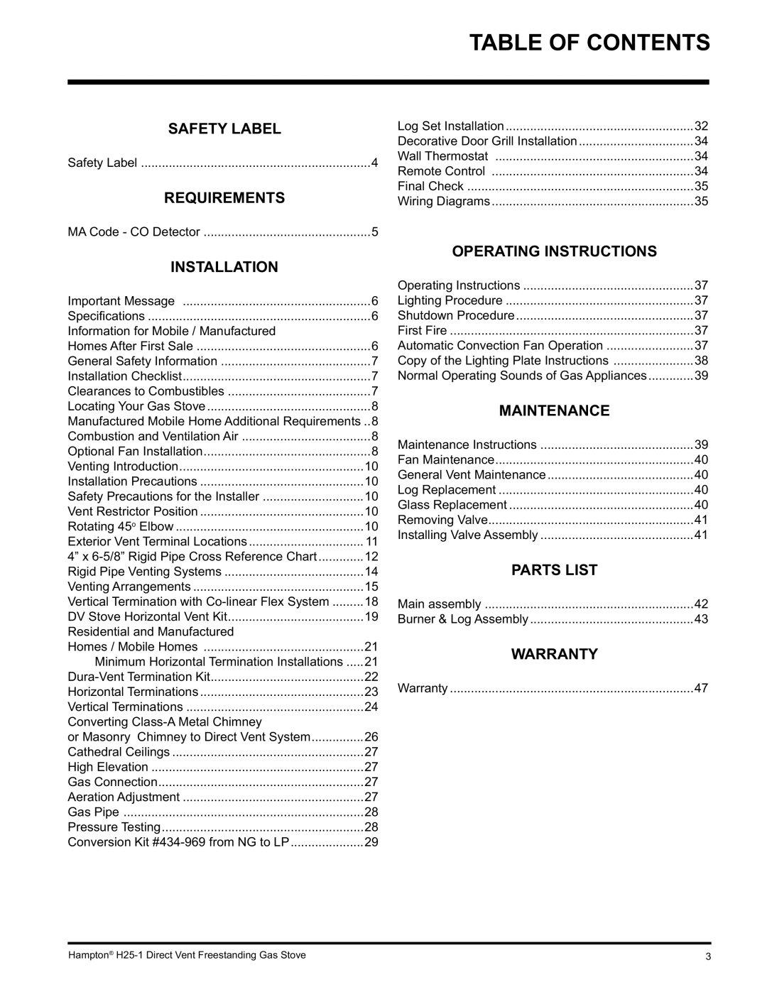 Hampton Direct H25-LP1 Propane, H25-NG1, H25-LP1 installation manual Table of Contents 