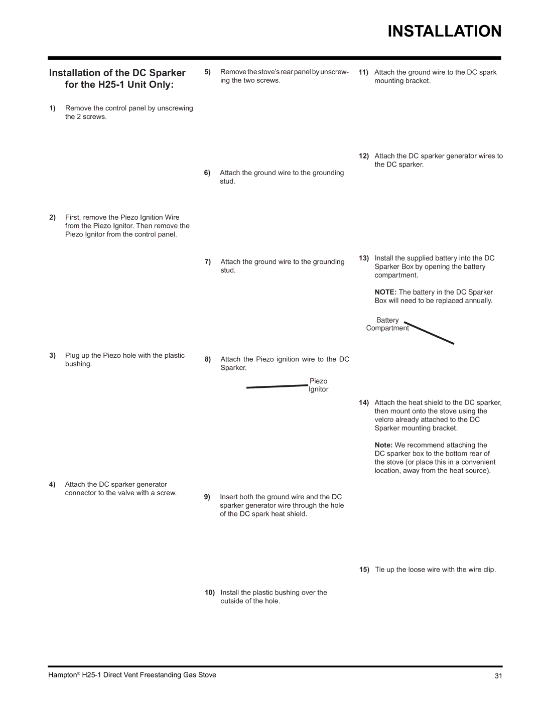 Hampton Direct H25-LP1 Propane, H25-NG1, H25-LP1 installation manual Installation of the DC Sparker for the H25-1 Unit Only 