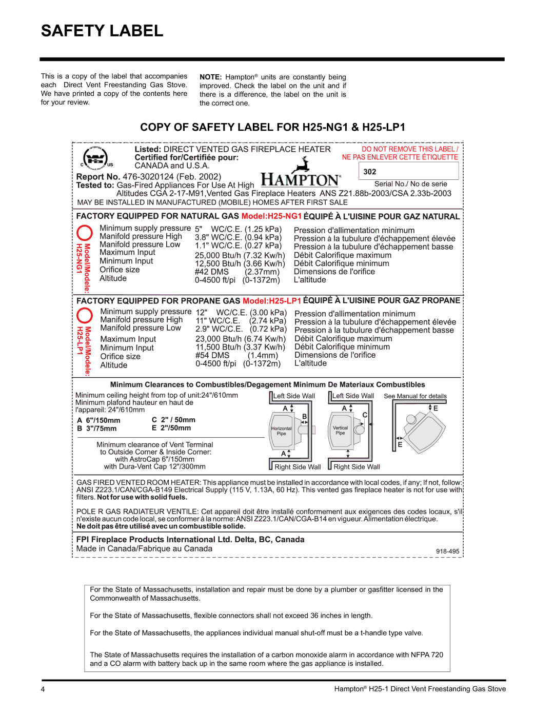 Hampton Direct H25-NG1, H25-LP1, H25-LP1 Propane installation manual Copy of Safety Label for H25-NG1 & H25-LP1 