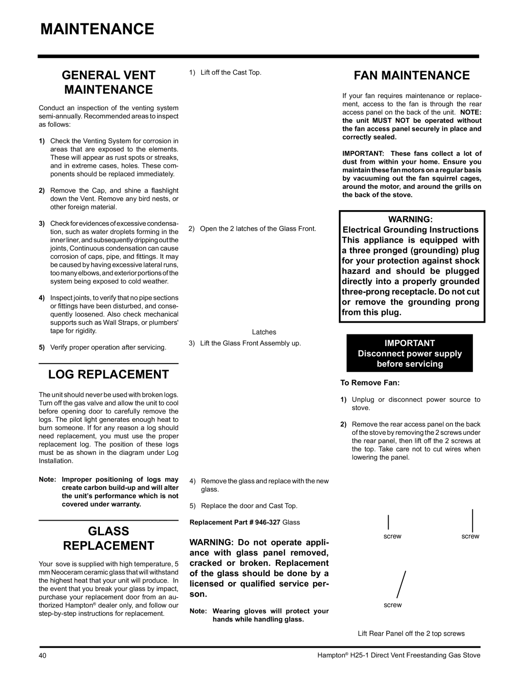 Hampton Direct H25-NG1, H25-LP1 FAN Maintenance, LOG Replacement, Glass Replacement, Lift off the Cast Top 
