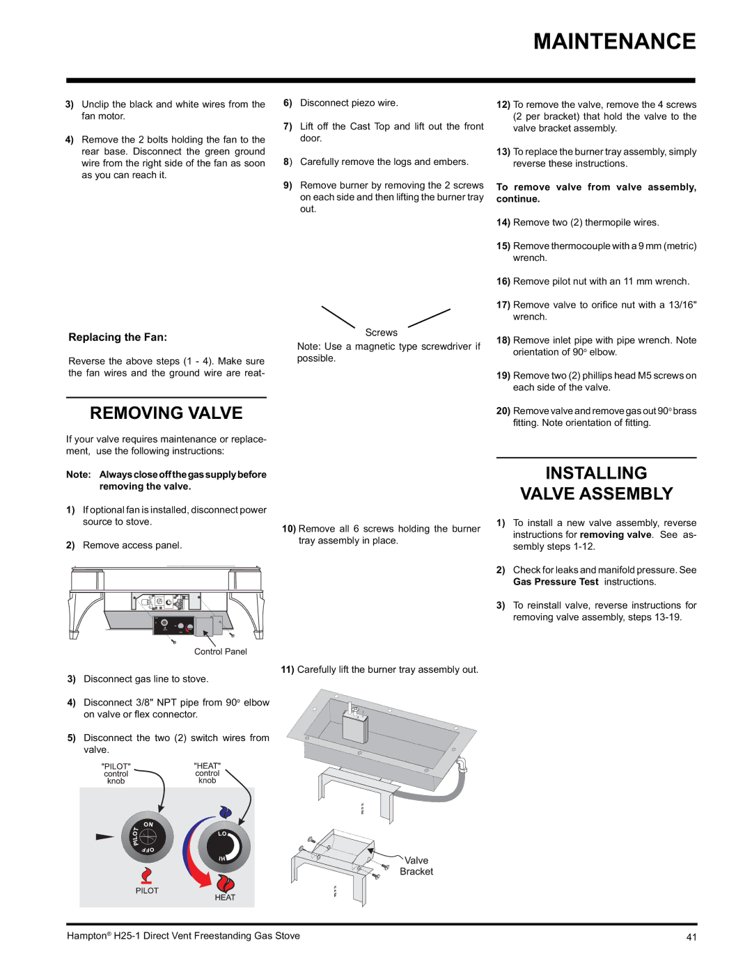 Hampton Direct H25-LP1 Propane, H25-NG1, H25-LP1 installation manual Removing Valve, Installing Valve Assembly, Screws 