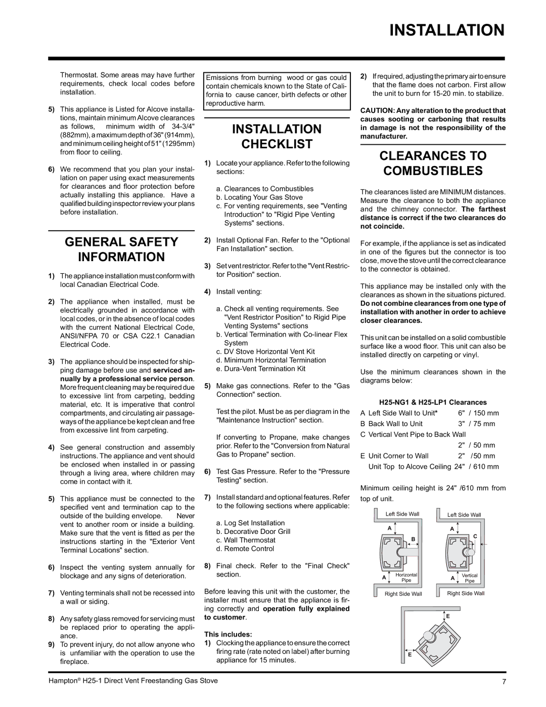 Hampton Direct H25-LP1 Propane General Safety Information, Installation Checklist, Clearances to Combustibles 