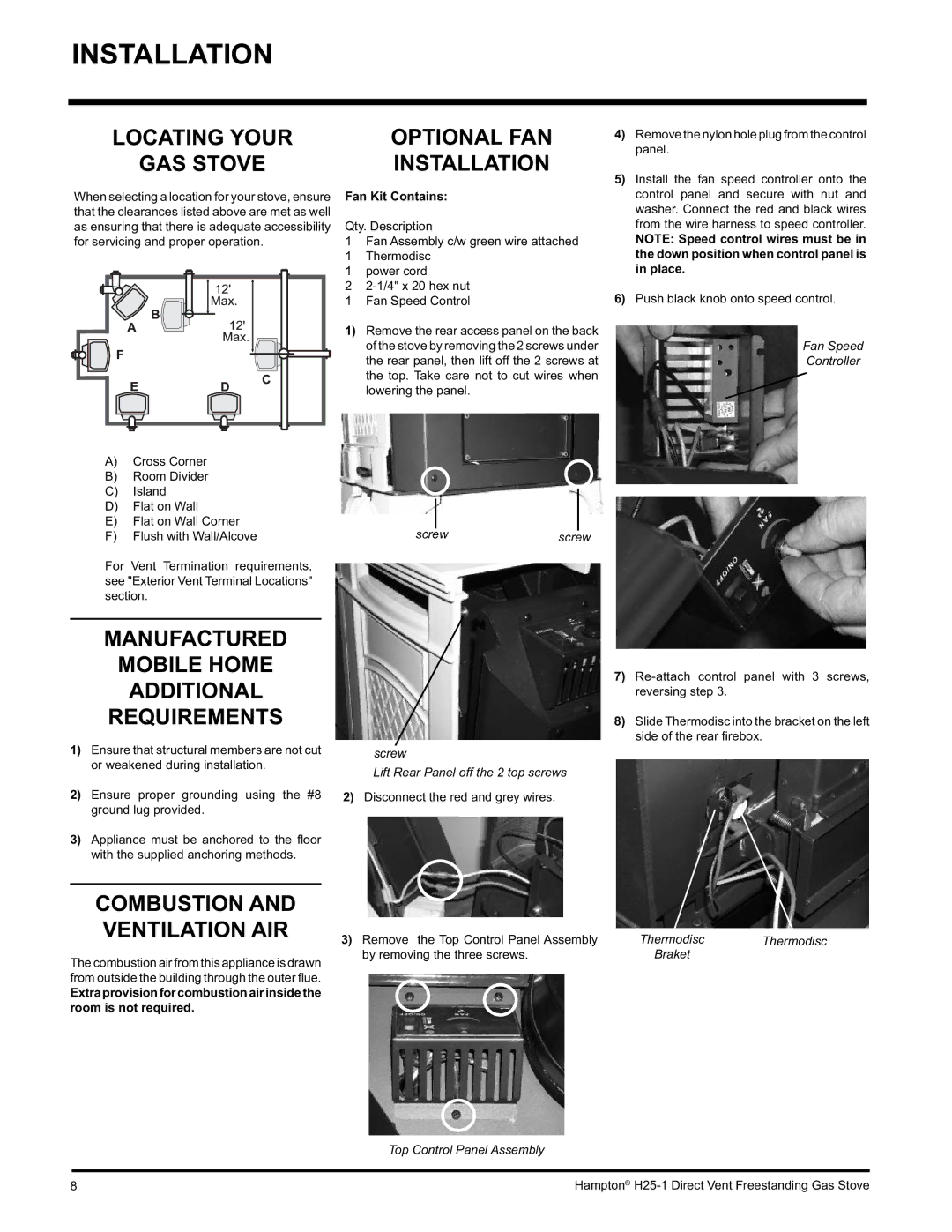 Hampton Direct H25-NG1, H25-LP1, H25-LP1 Propane Locating Your GAS Stove, Optional FAN Installation, Fan Kit Contains 