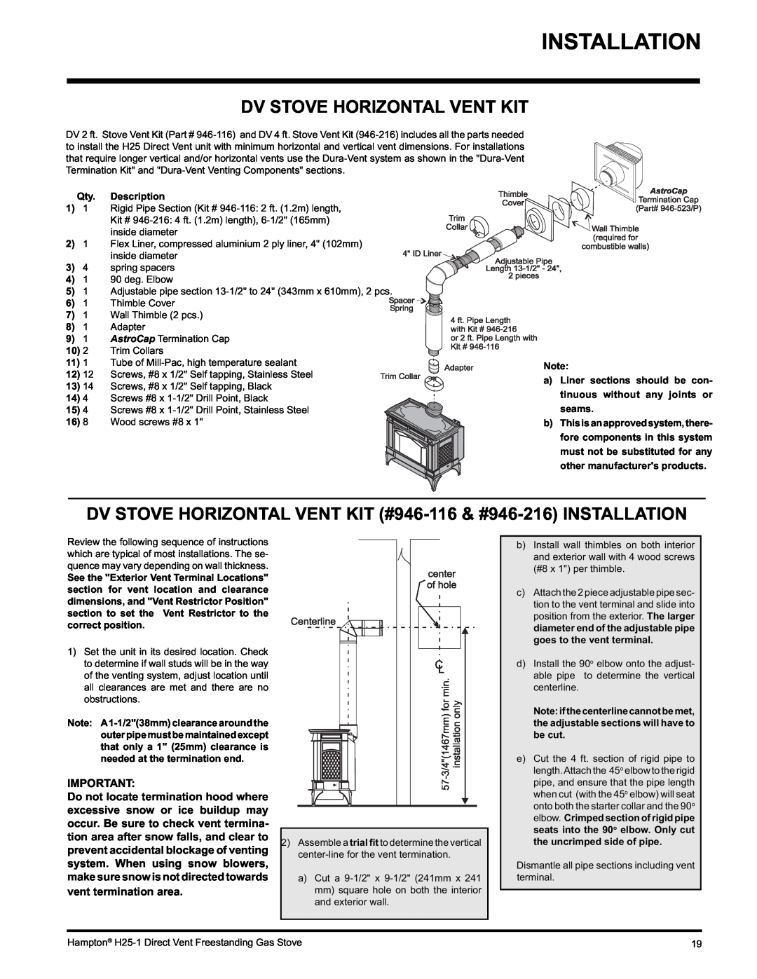 Hampton Direct H25-LP1 Propane, H25-NG1, H25-LP1 installation manual Dv Stove Horizontal Vent Kit, Qty. Description 