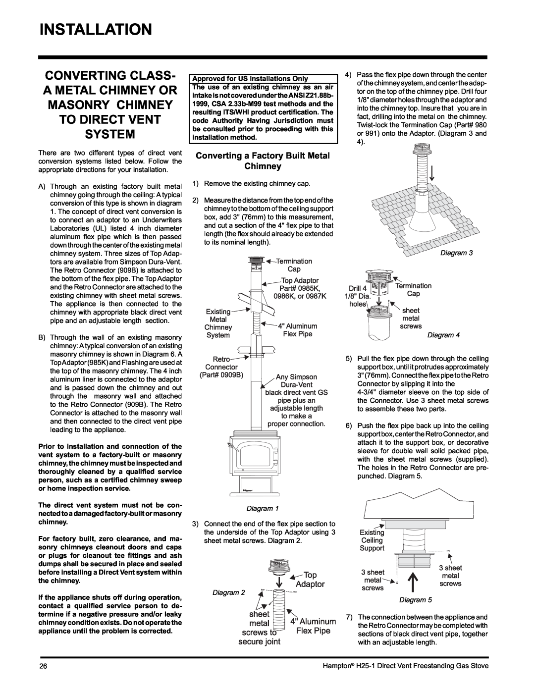 Hampton Direct H25-NG1, H25-LP1 Converting a Factory Built Metal Chimney, Approved for US Installations Only, Diagram 