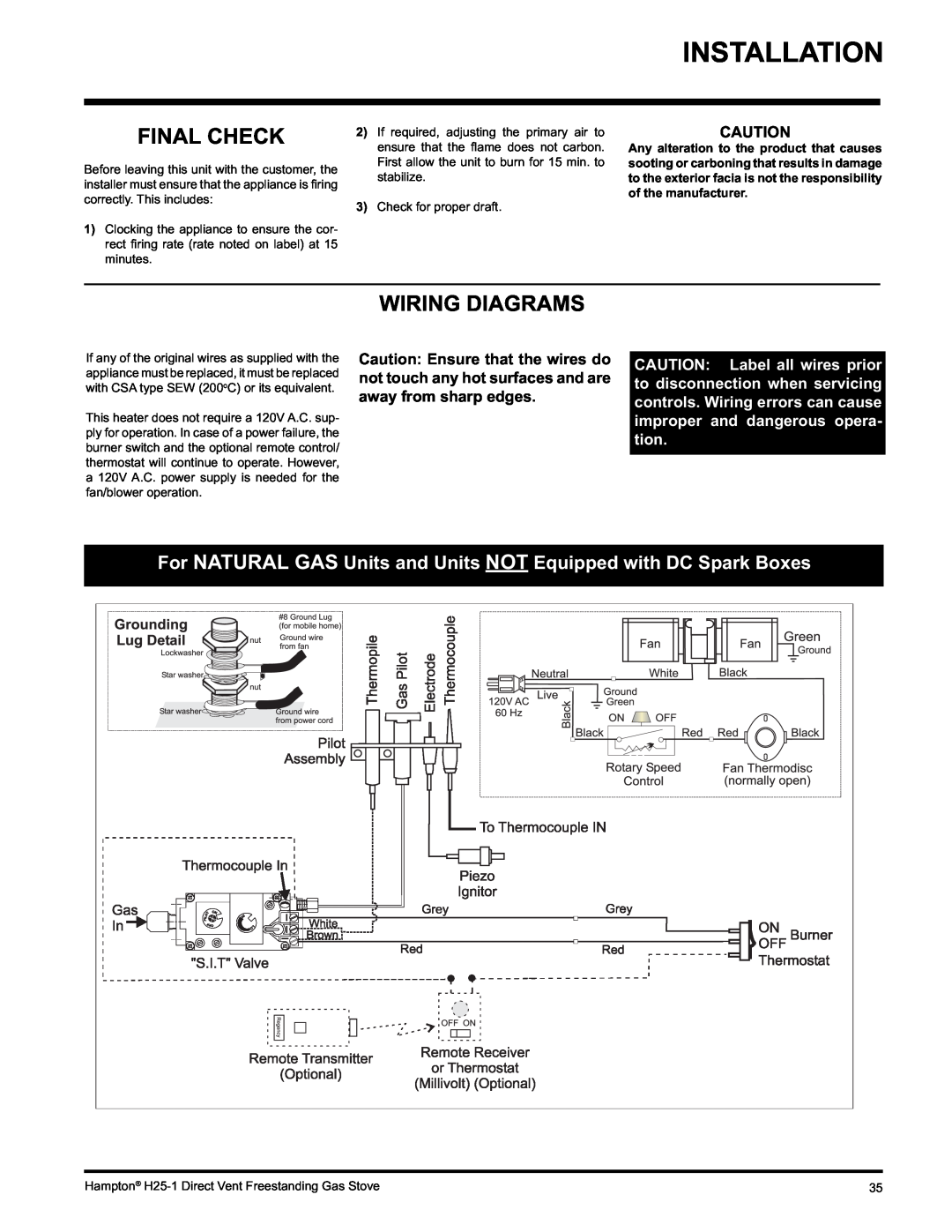 Hampton Direct H25-LP1 Propane, H25-NG1, H25-LP1 installation manual Final Check, Wiring Diagrams 