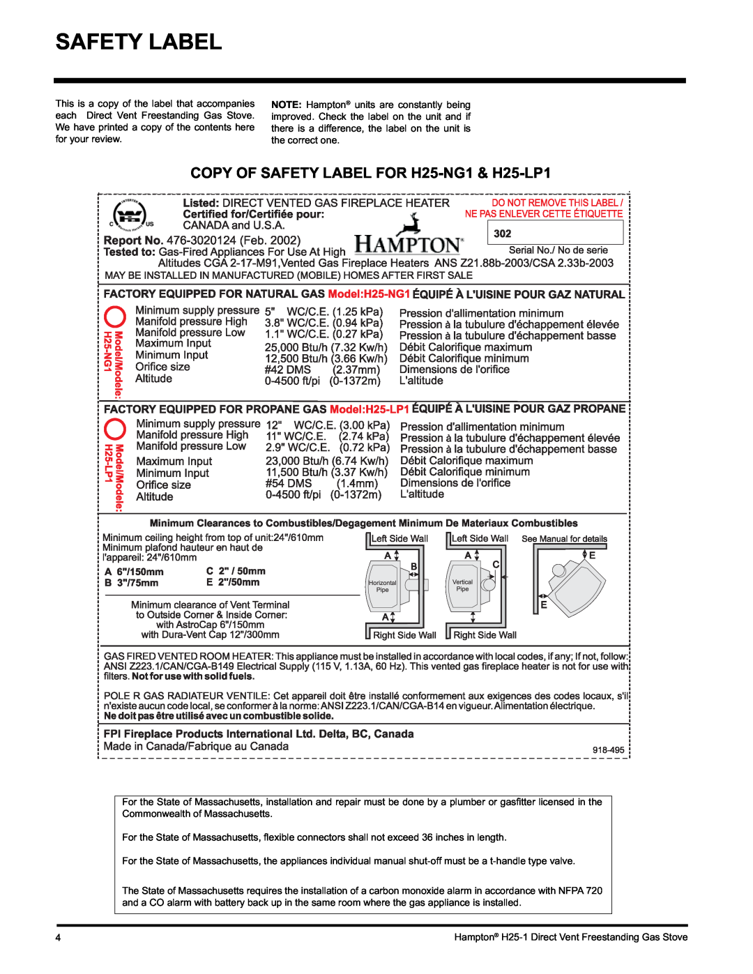 Hampton Direct H25-NG1, H25-LP1, H25-LP1 Propane installation manual Safety Label, COPY OF SAFETY LABEL FOR H25-NG1& H25-LP1 