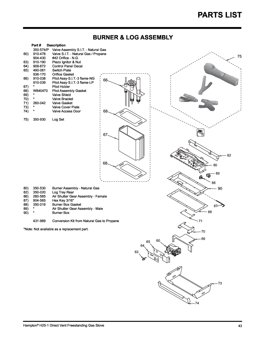 Hampton Direct H25-LP1 Propane, H25-NG1, H25-LP1 installation manual Burner & Log Assembly, Description 