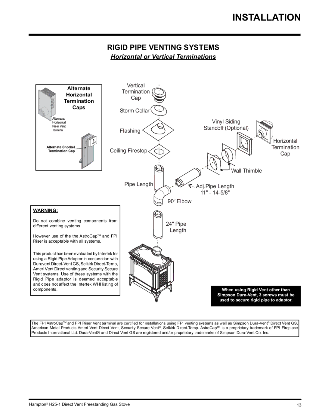 Hampton Direct H25-LP1, H25-NG1 installation manual Rigid Pipe Venting Systems, Alternate, Horizontal, Caps 