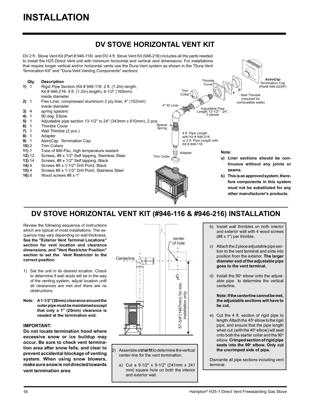 Hampton Direct H25-NG1, H25-LP1 installation manual DV Stove Horizontal Vent KIT, Qty. Description 