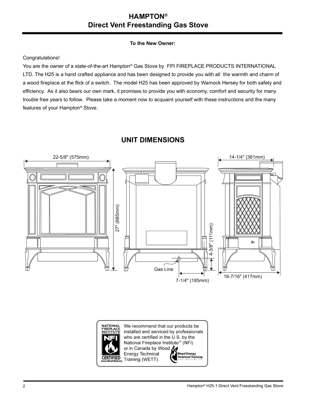 Hampton Direct H25-NG1, H25-LP1 installation manual Hampton, Unit Dimensions, To the New Owner 