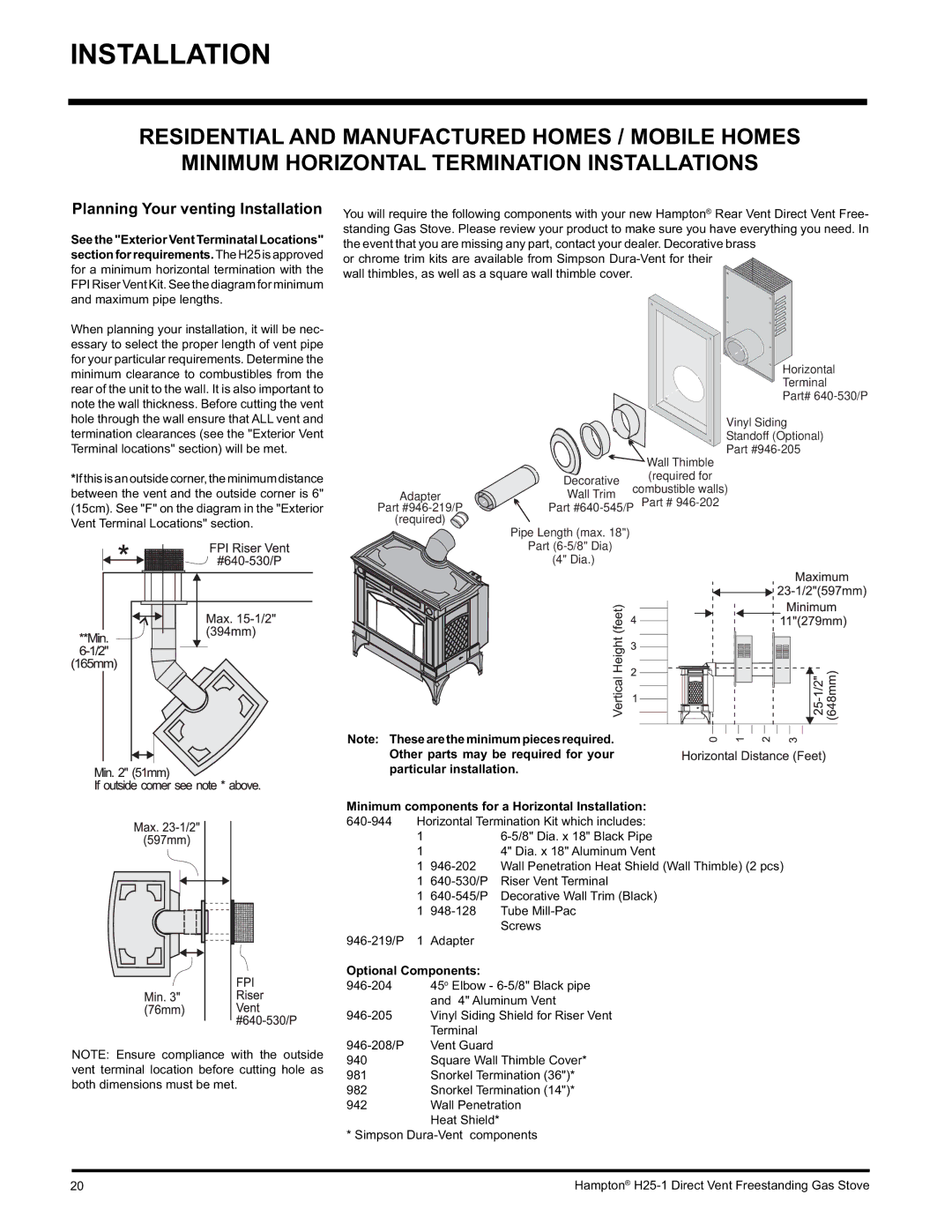 Hampton Direct H25-NG1, H25-LP1 Planning Your venting Installation, Minimum components for a Horizontal Installation 