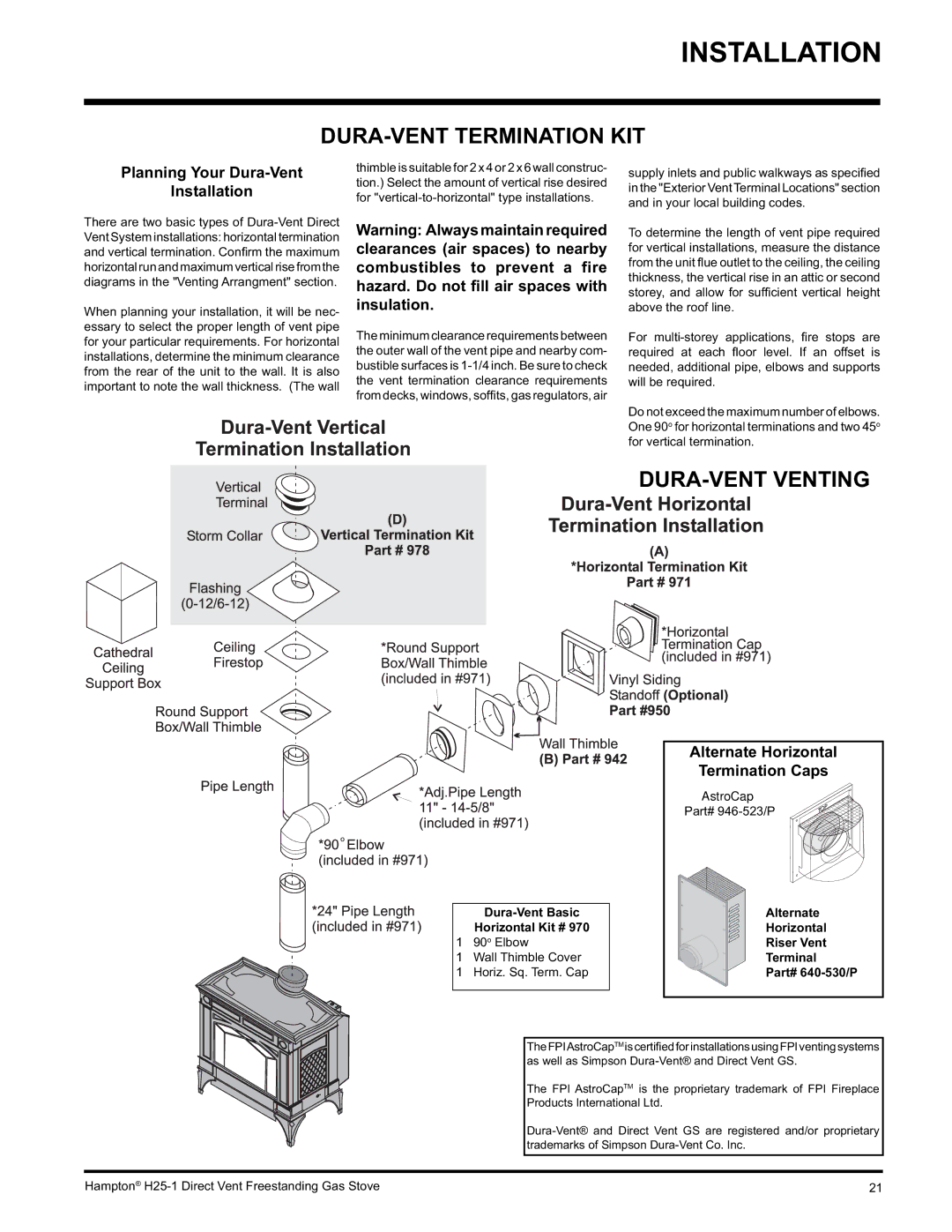 Hampton Direct H25-LP1, H25-NG1 DURA-VENT Termination KIT, DURA-VENT Venting, Planning Your Dura-Vent Installation 