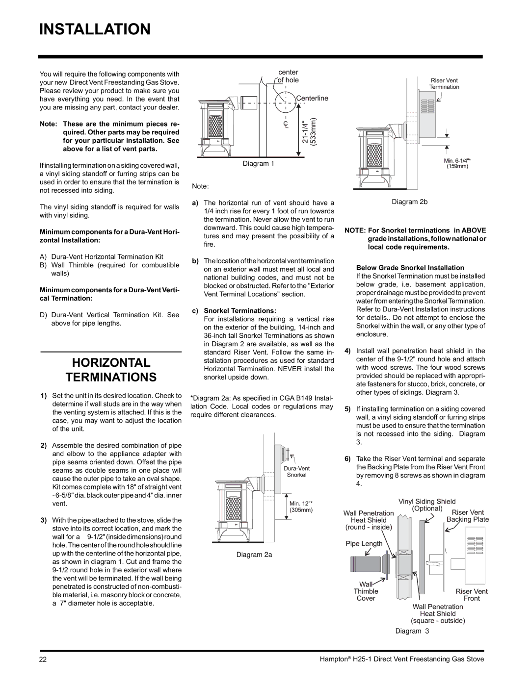 Hampton Direct H25-NG1, H25-LP1 Horizontal Terminations, Minimum components for a Dura-Vent Verti- cal Termination 