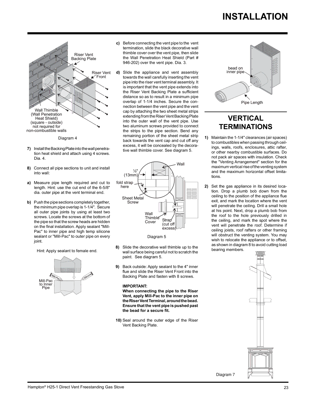 Hampton Direct H25-LP1, H25-NG1 installation manual Vertical Terminations 