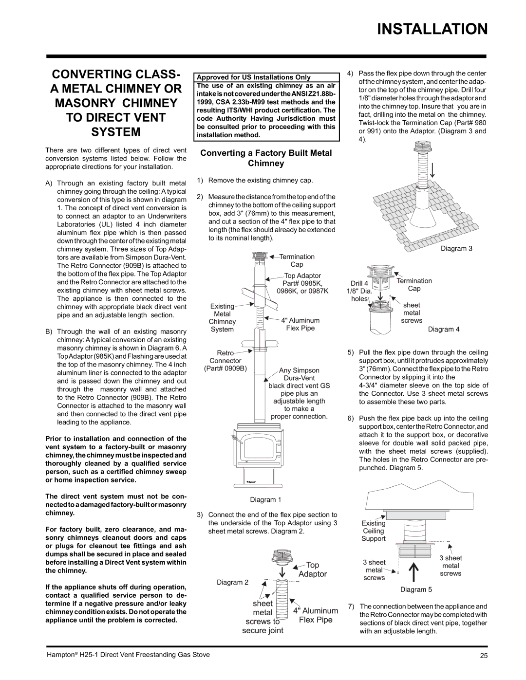 Hampton Direct H25-LP1, H25-NG1 Converting a Factory Built Metal Chimney, Approved for US Installations Only 