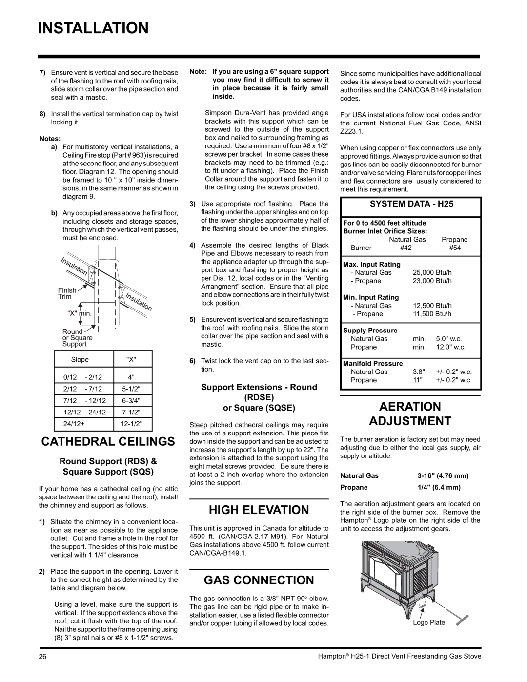 Hampton Direct H25-NG1, H25-LP1 installation manual Cathedral Ceilings, High Elevation, GAS Connection, Aeration Adjustment 