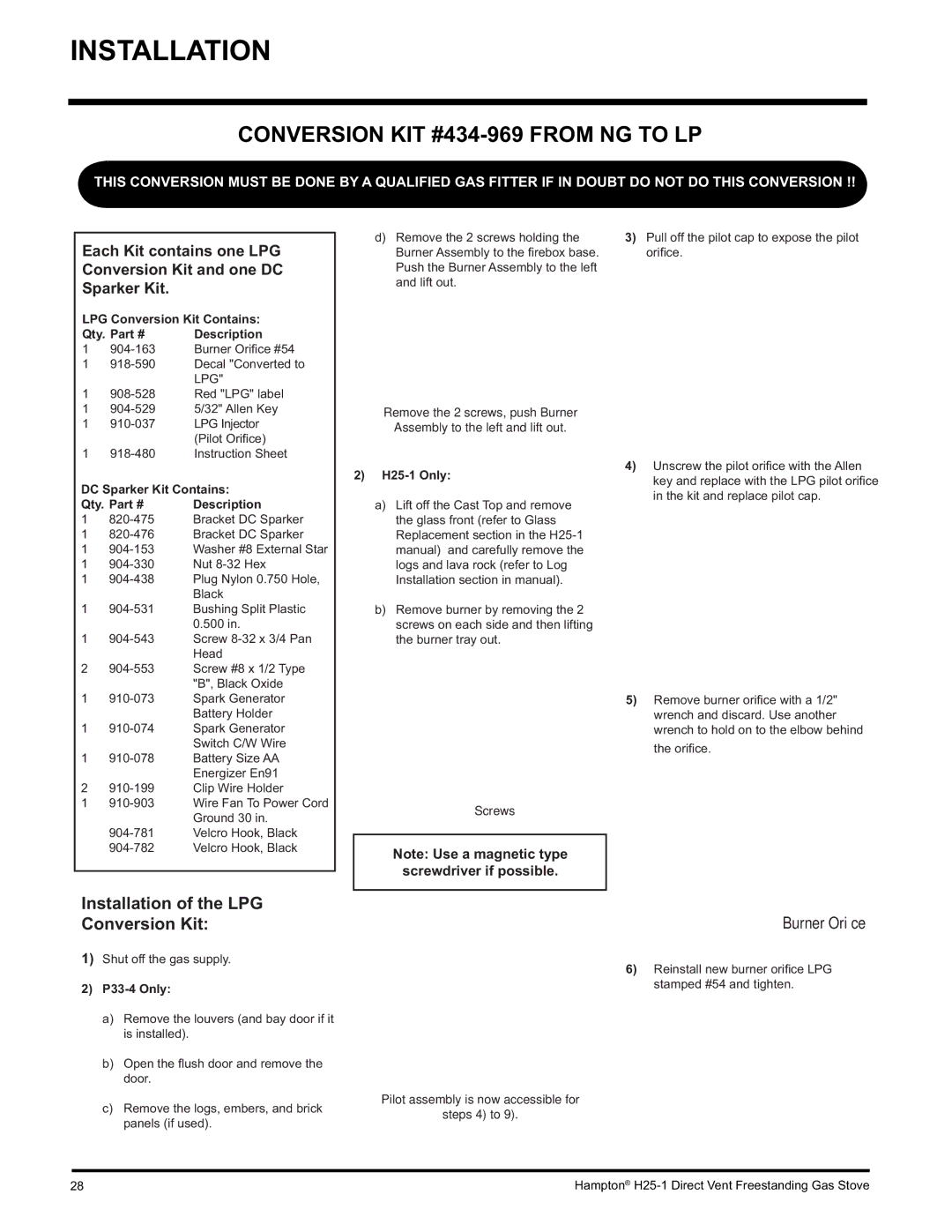 Hampton Direct H25-NG1, H25-LP1 installation manual Conversion KIT #434-969 from NG to LP, LPG Conversion Kit Contains Qty 