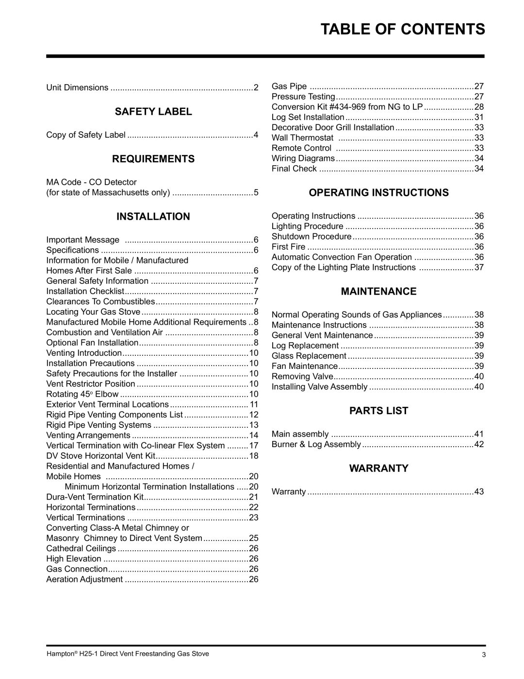 Hampton Direct H25-LP1, H25-NG1 installation manual Table of Contents 