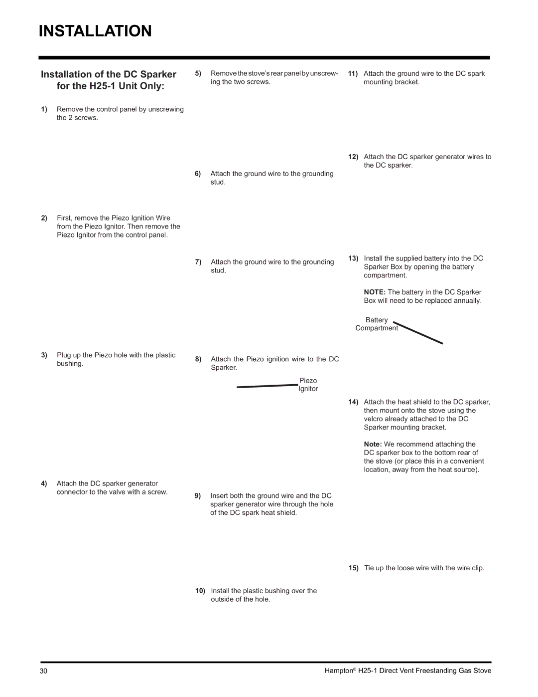 Hampton Direct H25-NG1, H25-LP1 installation manual Installation of the DC Sparker for the H25-1 Unit Only 