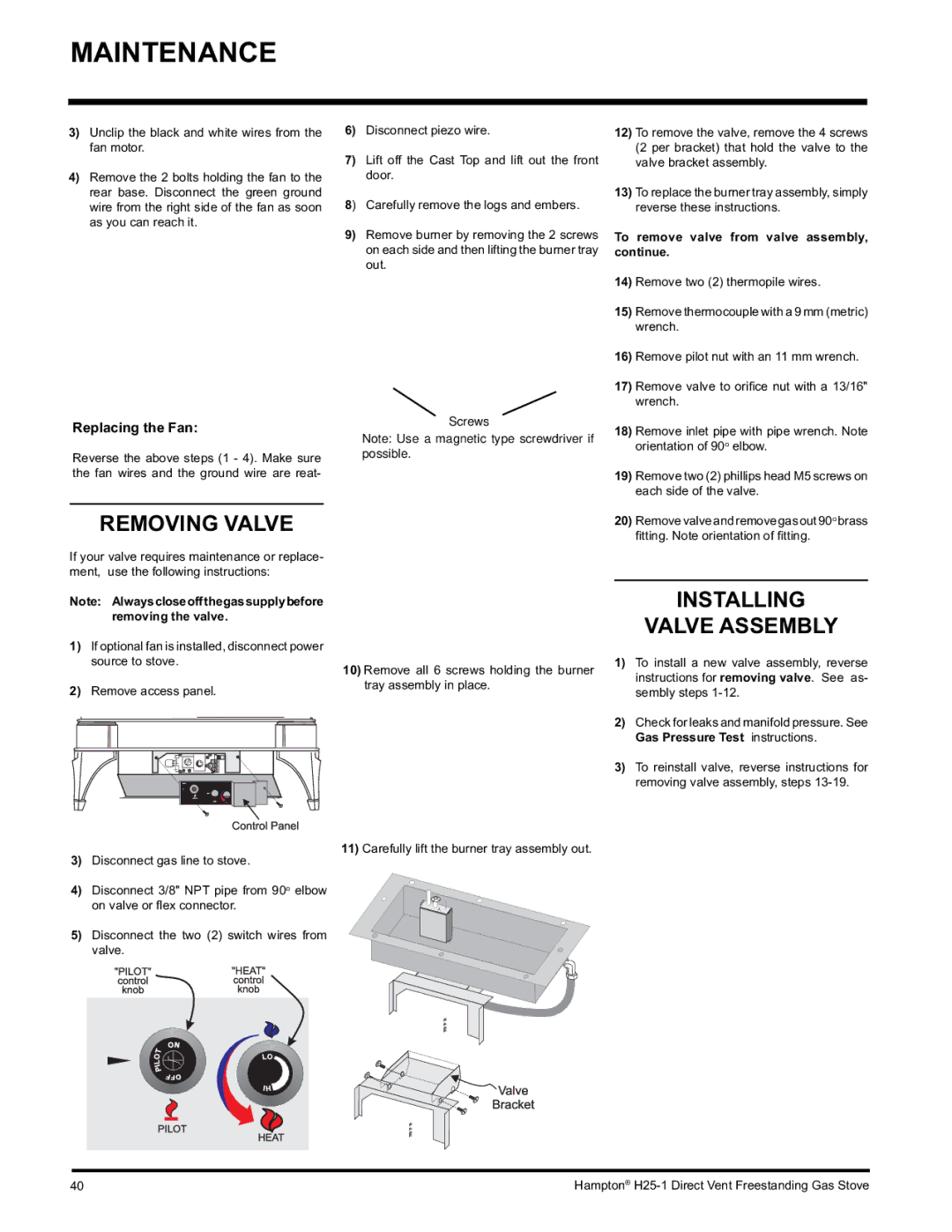 Hampton Direct H25-NG1 Removing Valve, Installing Valve Assembly, Screws, To remove valve from valve assembly, continue 