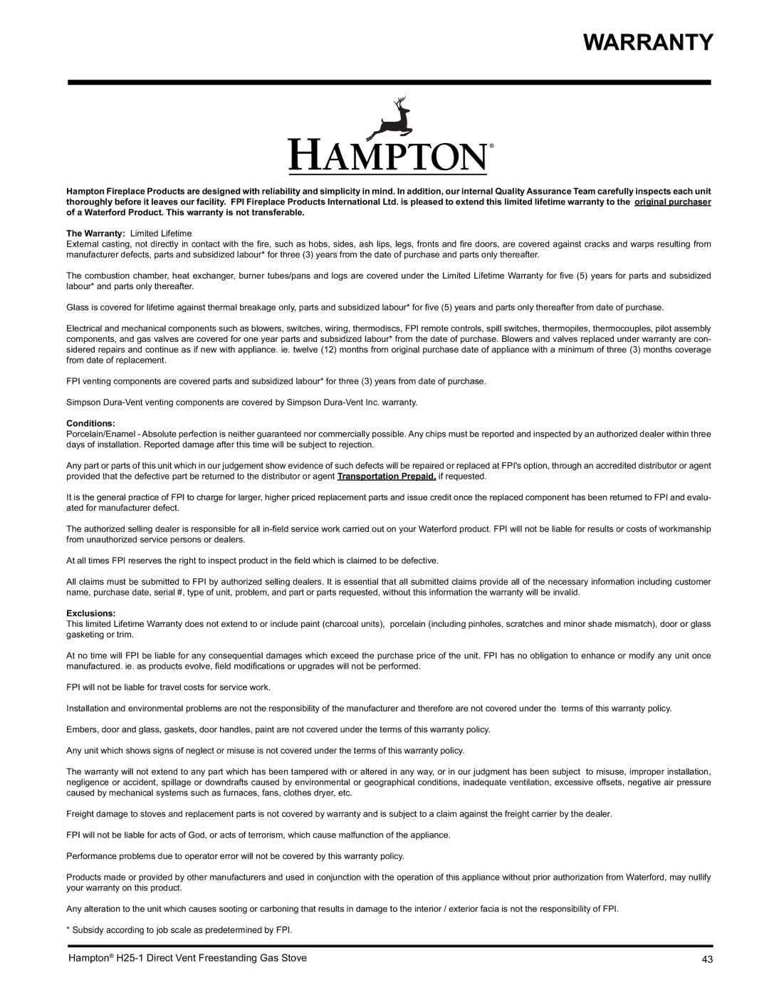 Hampton Direct H25-LP1, H25-NG1 installation manual Warranty, Conditions 