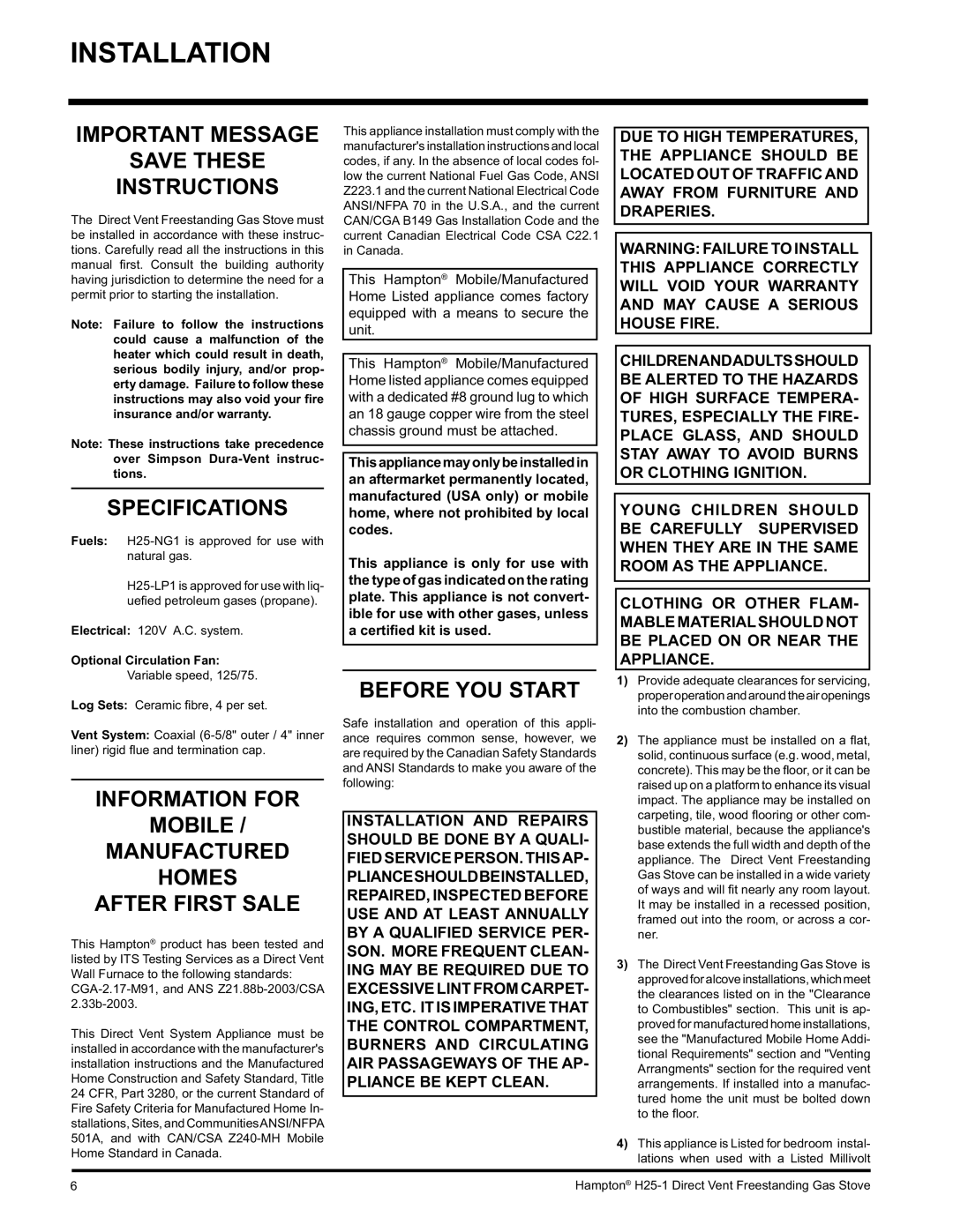 Hampton Direct H25-NG1, H25-LP1 installation manual Installation, Important Message, Instructions, Before YOU Start 