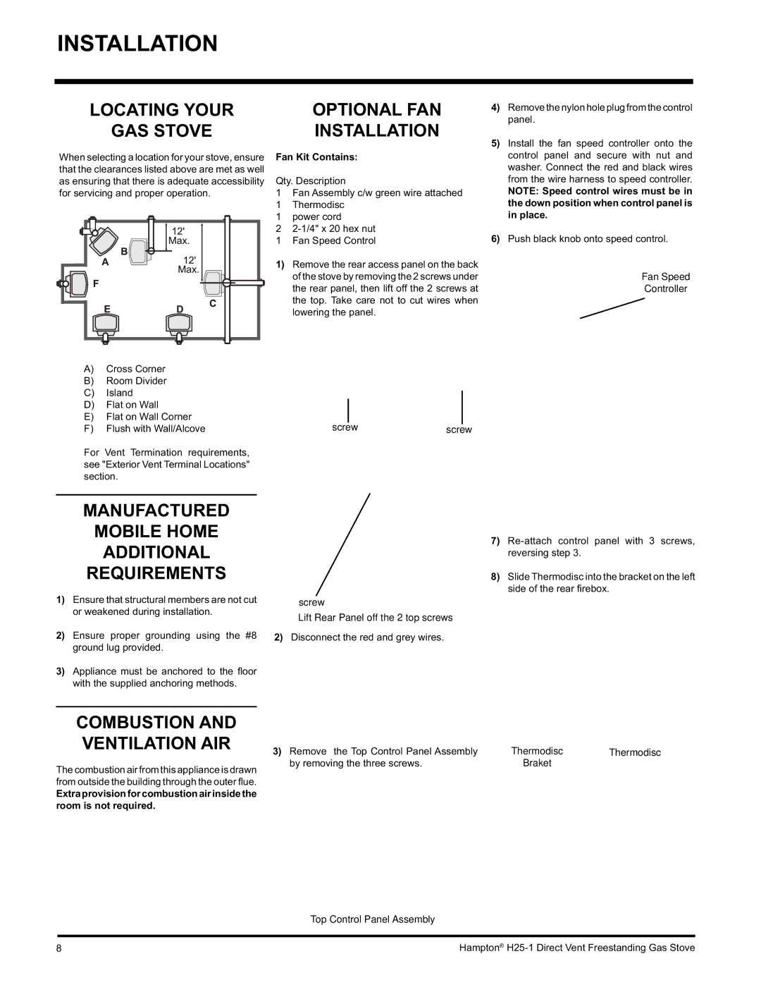 Hampton Direct H25-NG1, H25-LP1 installation manual Locating Your GAS Stove, Optional FAN Installation, Fan Kit Contains 