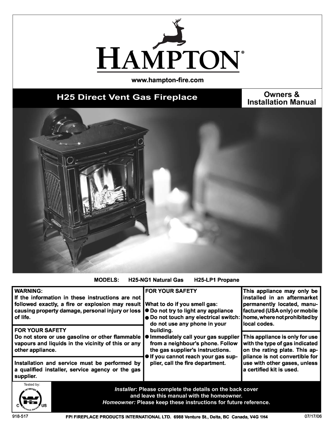 Hampton Direct H25-LP1, H25-NG1 installation manual Owners, Installation Manual, H25 Direct Vent Gas Fireplace 