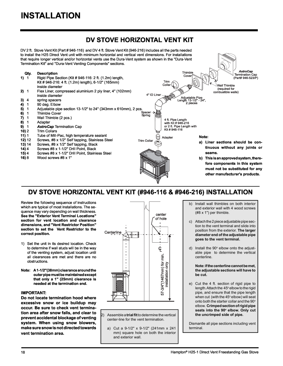 Hampton Direct H25-NG1, H25-LP1 installation manual Dv Stove Horizontal Vent Kit, Installation, Qty. Description 
