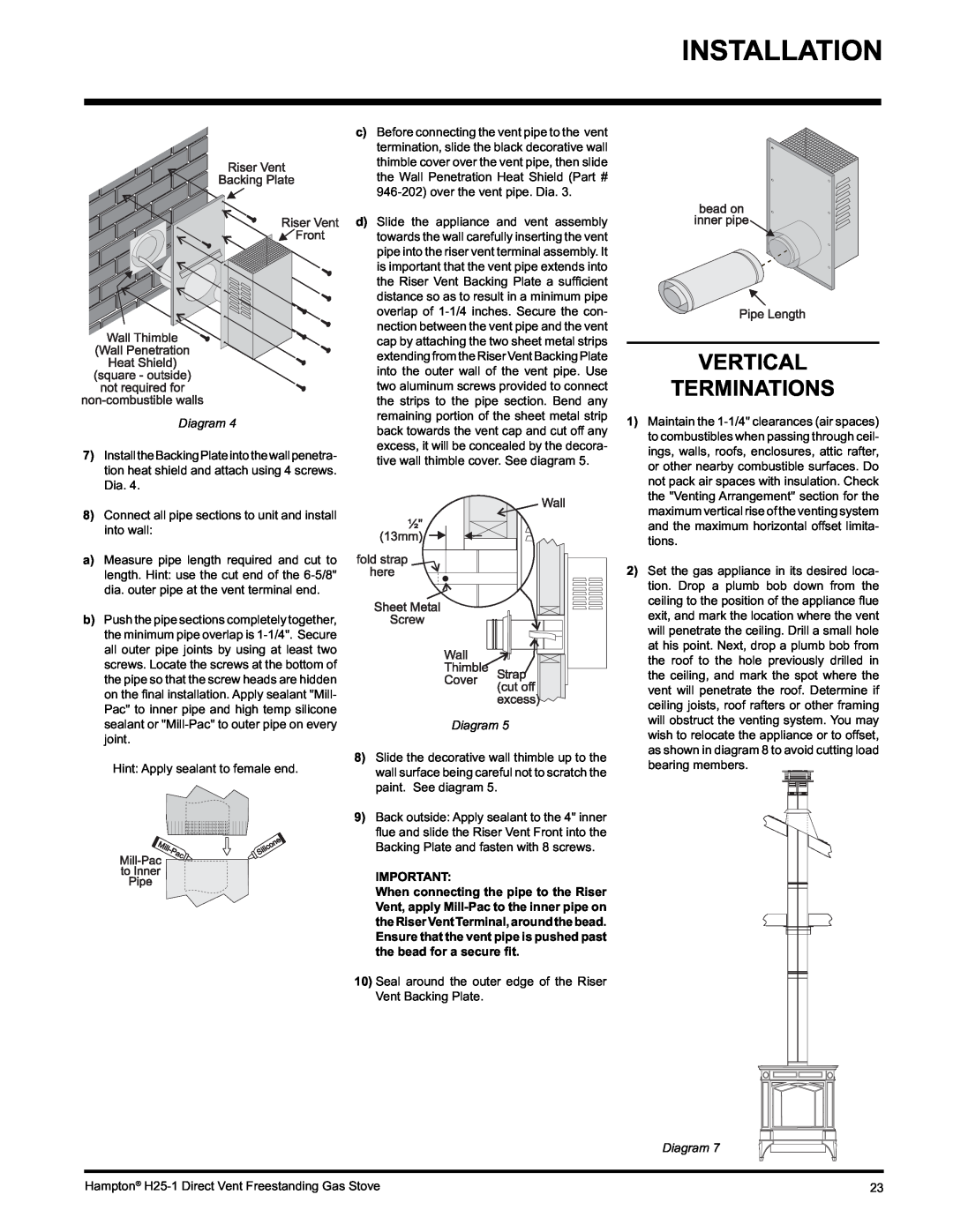 Hampton Direct H25-LP1, H25-NG1 installation manual Vertical Terminations, Installation, Diagram 