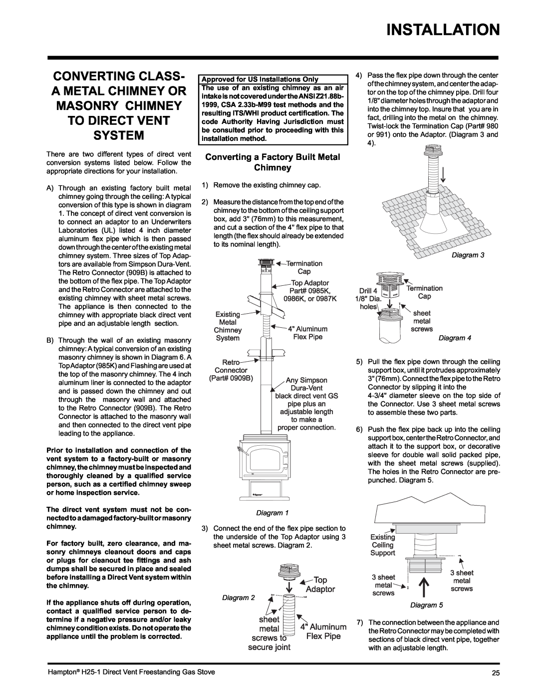Hampton Direct H25-LP1, H25-NG1 installation manual Approved for US Installations Only, Diagram Diagram 