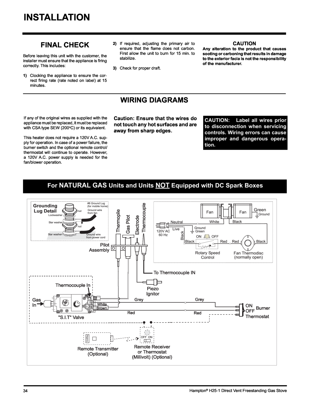 Hampton Direct H25-NG1, H25-LP1 installation manual Final Check, Wiring Diagrams, Installation 