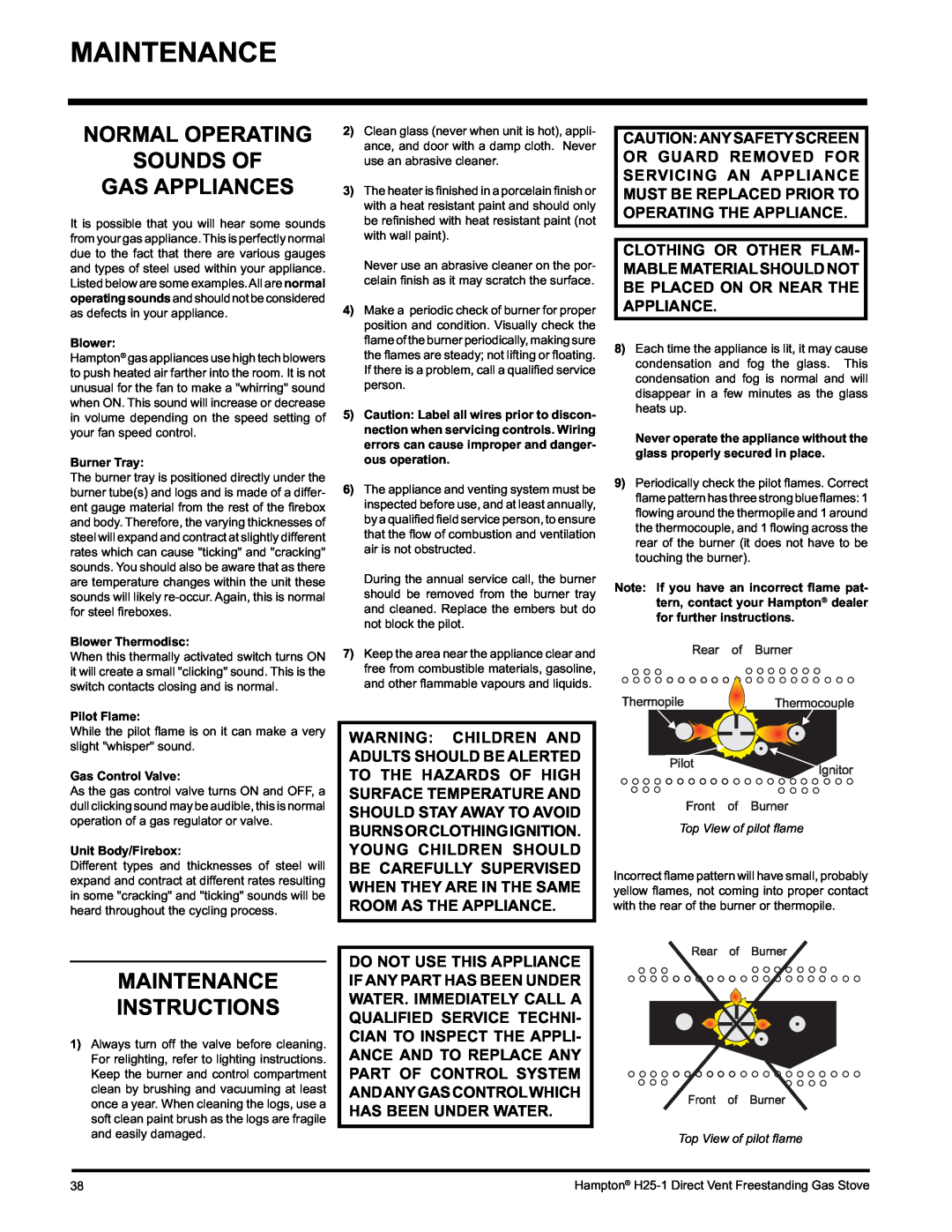 Hampton Direct H25-NG1, H25-LP1 installation manual Normal Operating Sounds Of Gas Appliances, Maintenance Instructions 