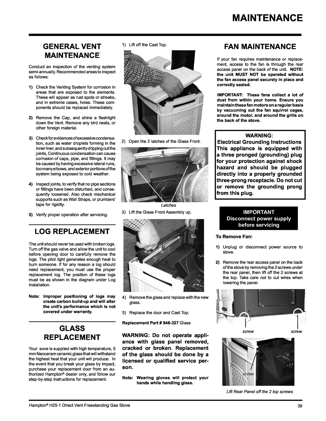 Hampton Direct H25-LP1, H25-NG1 installation manual Fan Maintenance, Log Replacement, Glass Replacement, General Vent 