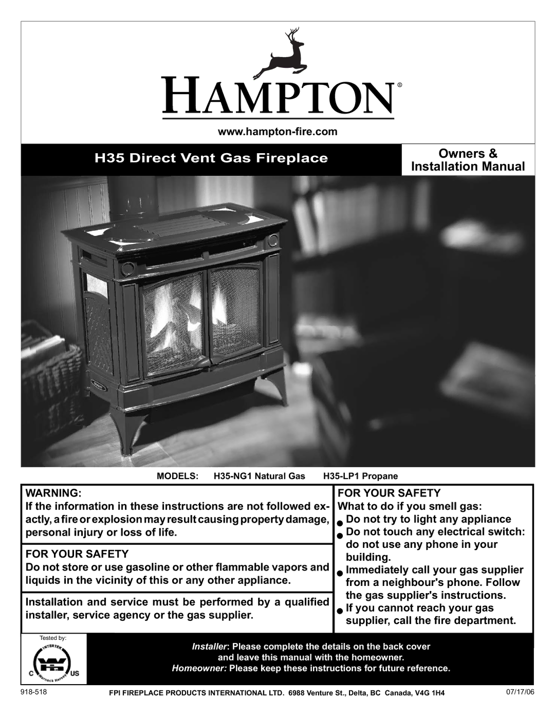 Hampton Direct installation manual H35 Direct Vent Gas Fireplace, Models H35-NG1 Natural Gas H35-LP1 Propane 