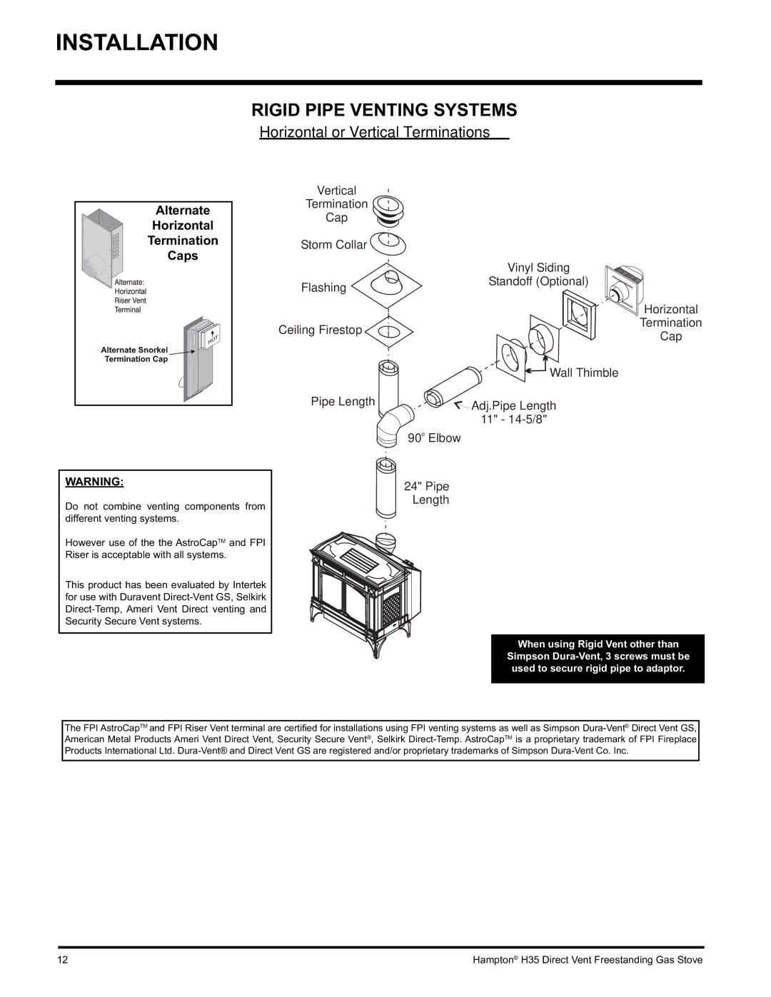 Hampton Direct H35-NG1, H35-LP1 installation manual Rigid Pipe Venting Systems, Alternate, Horizontal, Caps 